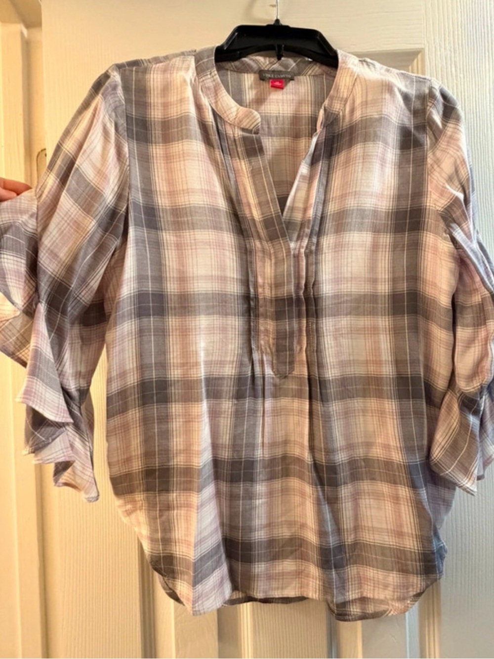 Vince Camuto Light Gray & Pink Plaid Ruffle Sleeve Blouse